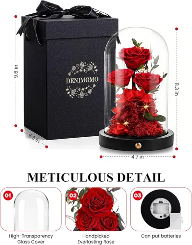 Miniatura 3 de DENIMOMO Rosas para el día de la madre, rosas preservadas rojas en cúpula de cristal, rosas reales para el día de la madre, regalos para esposa