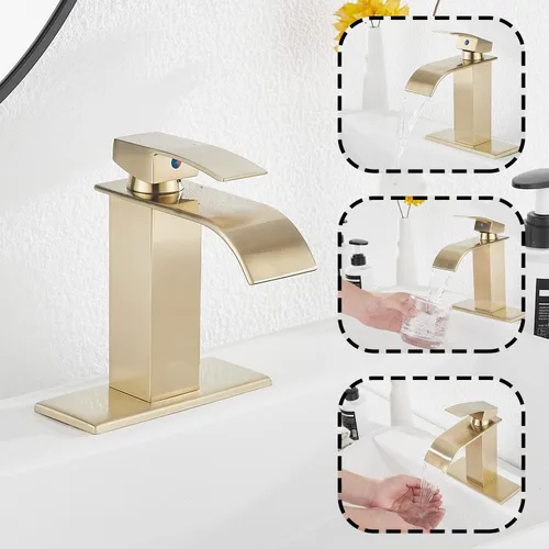 Miniatura 4 de Grifo de baño dorado cepillado GGStudy Waterfall Grifo de fregadero de baño Montaje en cubierta de una sola manija Grifo de tocador de baño