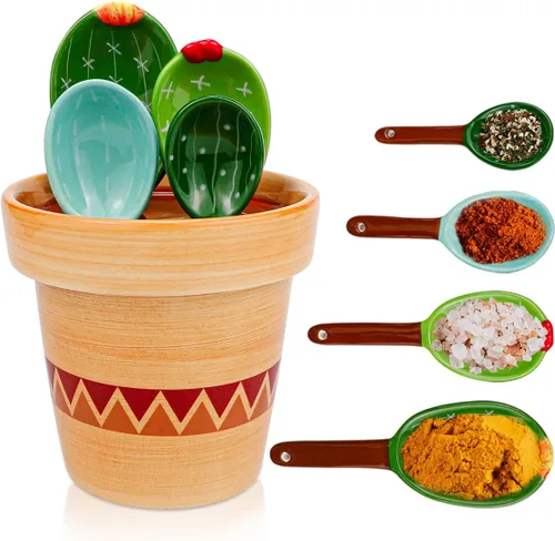 DOERDO - Juego de cucharas medidoras de cactus en maceta, bonitas tazas de cocina de cerámica y con soporte para hornear, sal y azúcar, verde