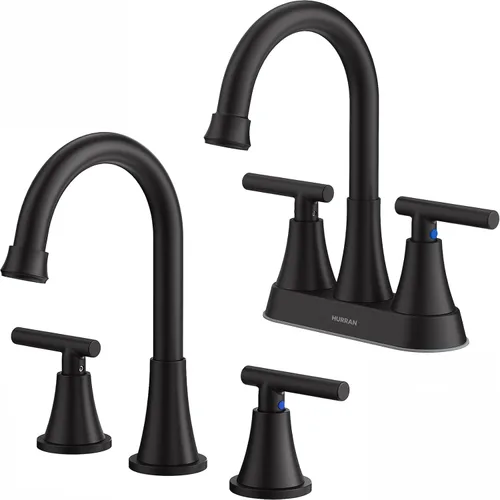 Hurran - Grifos de baño para fregadero de 3 agujeros, juego central de 4 pulgadas y grifo de lavabo de baño negro mate con drenaje emergente, grifo