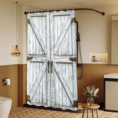 Miniatura 23 de Cortina de ducha de puerta de granero de madera rústica, 60 x 70 pulgadas, beige