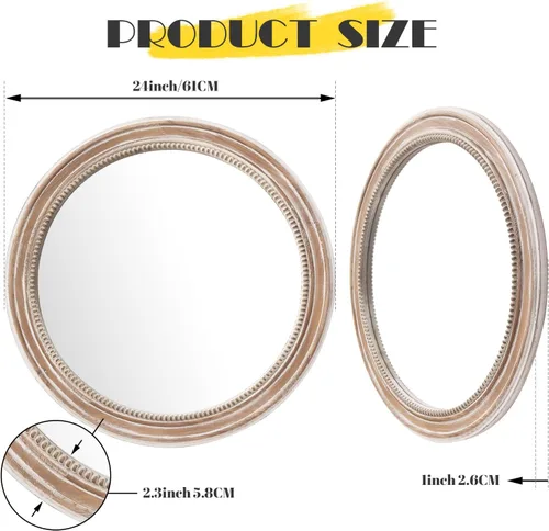 Miniatura 2 de Sawsile - Espejo redondo de madera, espejo circular rústico de 61 cm con marco de madera natural estilo granja y cuentas boho para pared, para baño