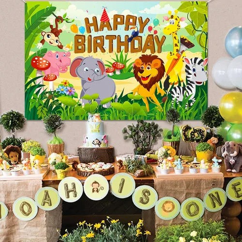 Miniatura 6 de HOWAF Cartel de tela de feliz cumpleaños para decoración de fiestas temáticas de animales de la selva, decoración de fondo de pared para niños