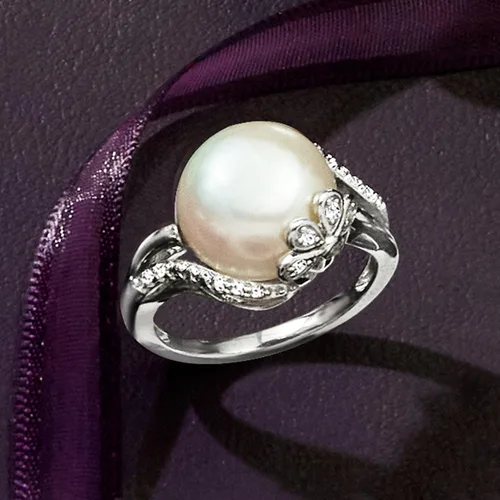 Miniatura 5 de Ross-Simons 12-12.5mm Cultured Pearl Ring With Diamonds in Sterling Silver
