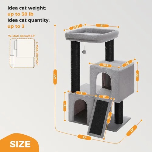 Miniatura 8 de MUTTROS Árbol de Servicio Pesado para Gatos de Interior Adultos, Torre para Gatos de 45 Pulgadas con Rampa Rascadora de Sisal, 2 Condominios