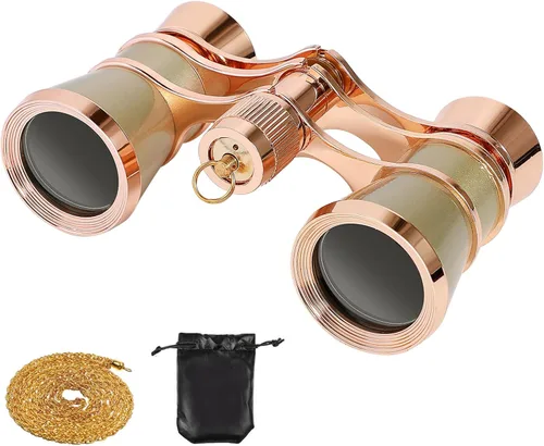Scicalife Binoculares compactos dorados de 3 x 25 pulgadas para adultos, gafas de teatro de bolsillo con cadena para ópera y conciertos, telescopio