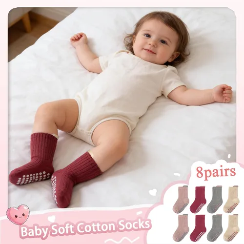 Miniatura 6 de 8 pares de calcetines de algodón antideslizantes para niños y niñas, recién nacidos, calcetines antideslizantes