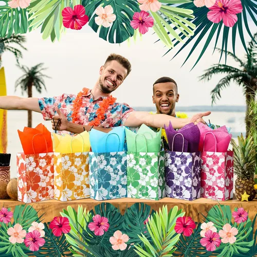 Miniatura 5 de Teling 12 Set Hibiscus Party Favor Hawaiian Themed Paper Bag with Tissues Summer Tropical Gift Tiki Luau Treat Hawaii Goodie Bags with Handles