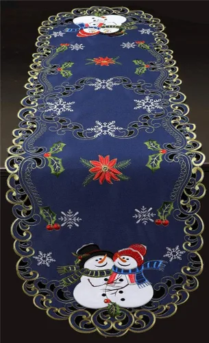 Miniatura 3 de Creative Linens Camino de mesa navideño bordado muñeco de nieve con copo de nieve de Pascua ovalado, bufanda de tocador azul dorado
