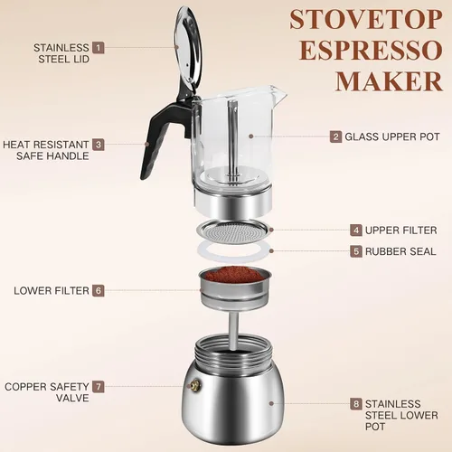 Miniatura 2 de Moka Pot - Máquina de café expreso para estufa, tapa de cristal y cafetera italiana de acero inoxidable 304, cafetera de café italiano de 10.1 fl oz