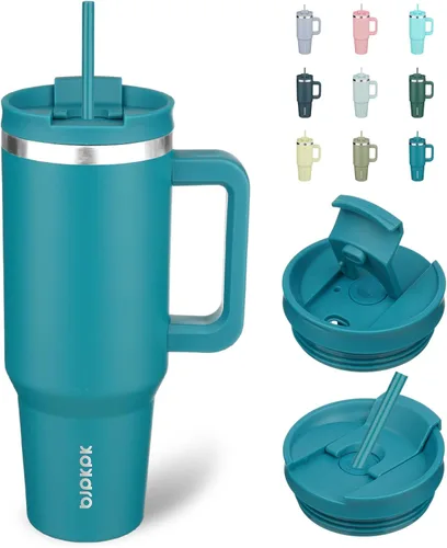 Miniatura 43 de BJPKPK - Vasos con aislamiento térmico, con asa y pajilla, vasos térmicos de acero inoxidable de 40 onzas con tapa, color rosado claro Rosa claro