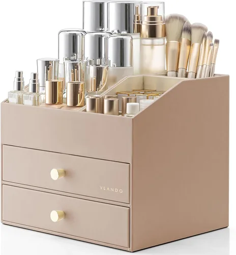 Miniatura 16 de Organizador de maquillaje Vlando, organizador para el cuidado de la piel para tocador, organizador de maquillaje de PU con cajones, estuche