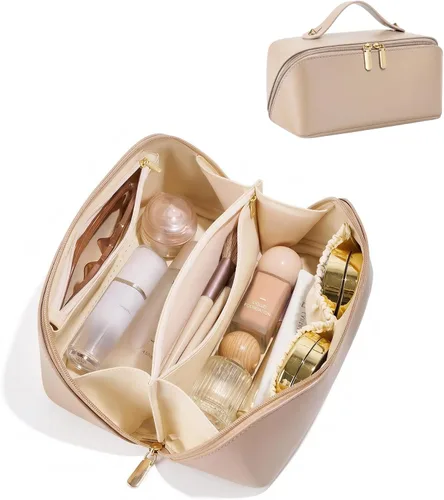 Miniatura 17 de Bolsa de cosméticos de viaje de gran capacidad - Bolsas de maquillaje portátiles para mujeres, impermeable, de cuero PU a cuadros, con organizador