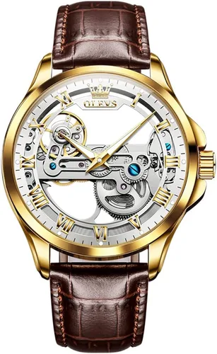 Miniatura 9 de OLEVS Relojes mecánicos automáticos para hombre, reloj esqueleto, impermeable, correa de cuero marrón, negro, oro rosa, relojes de pulsera