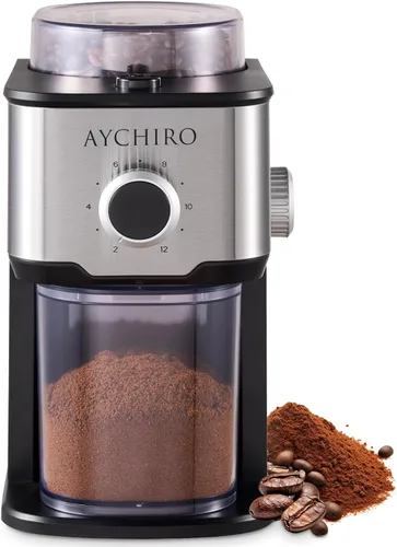 AYCHIRO Molinillo de café con rebabas, molinillo de granos de café eléctrico ajustable con 14 configuraciones de molienda, 2-12 tazas para espresso,