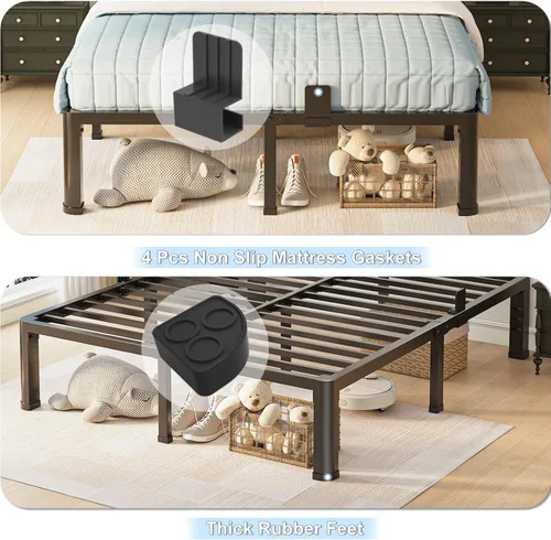 Miniatura 7 de Marco de cama de tamaño matrimonial con patas de esquinas redondas y agujeros para cabecero con tope para colchón de 14 pulgadas, plataforma