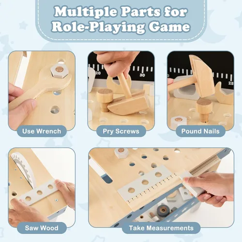 Miniatura 2 de Costzon Banco de herramientas para niños, banco de trabajo de madera con 61 herramientas y accesorios de juguete, juego de herramientas