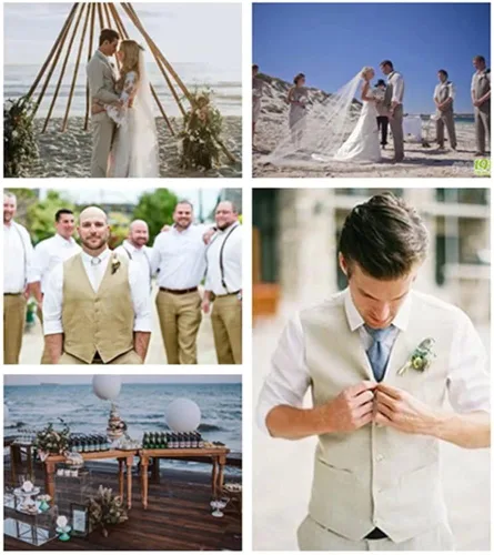 Miniatura 7 de Trajes de lino para hombre, 2 piezas, traje de esmoquin de graduación, playa, boda, padrino, chaleco y pantalones, conjunto casual de lino de verano