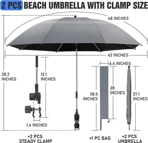 Miniatura 3 de Paquete de 2 paraguas de playa con abrazadera, paraguas ajustable de 360° para silla, paraguas UPF50+ para silla de playa, silla de patio, silla