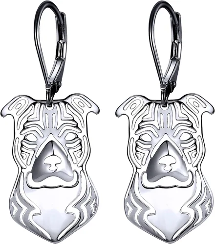 Pit Bull Dog Sterling Silver Necklace Dangle Earrings Set by Ginger Lyne Ears Down Puppy Dog Pet Pendant Box Chain Doggie Animal Paw Print Heart