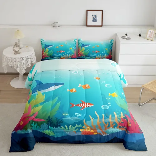 Miniatura 14 de Erosebridal Juego de edredón de ballena náutica, tamaño individual, juego de ropa de cama vintage azul con ondas oceánicas para niños y niñas