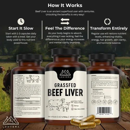 Miniatura 3 de Lonvera Suplemento de Hígado de Res Alimentado con Pasto – 3000 mg de Órganos Desecados Liofilizados – Fuente de Nutrientes para Articulaciones
