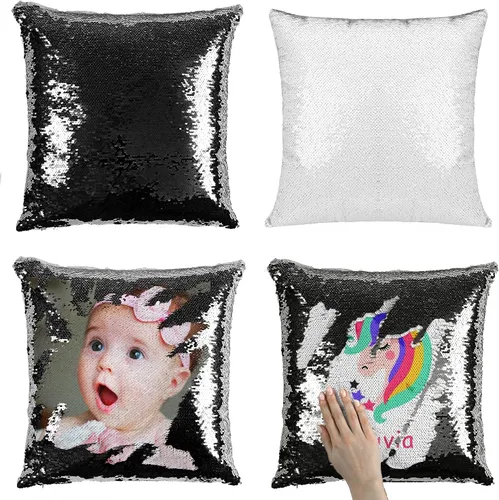 Miniatura 13 de JYFLZQ - Fundas de almohada de lentejuelas sublimadas en blanco 40.6 x 40.6 cm - Juego de 2 fundas reversibles con lentejuelas para almohadas