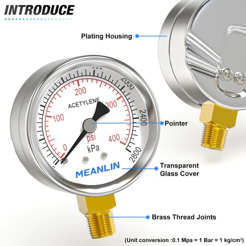 Miniatura 4 de MEANLIN MEASURE Manómetros de baja y alta presión para regulador de acetileno 1/4" NPT 2.5" Dial de cara, 30 Psi y 400 Psi Calibres de repuesto