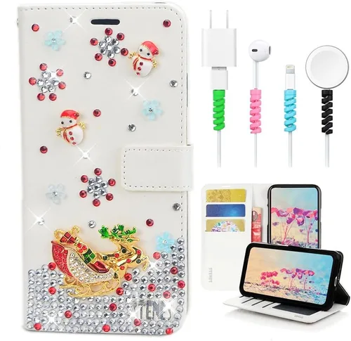 Miniatura 6 de Bling - Funda tipo cartera para teléfono compatible con Samsung Galaxy S21 Ultra, elegante, hecha a mano en 3D, diseño de árbol de Navidad, alce