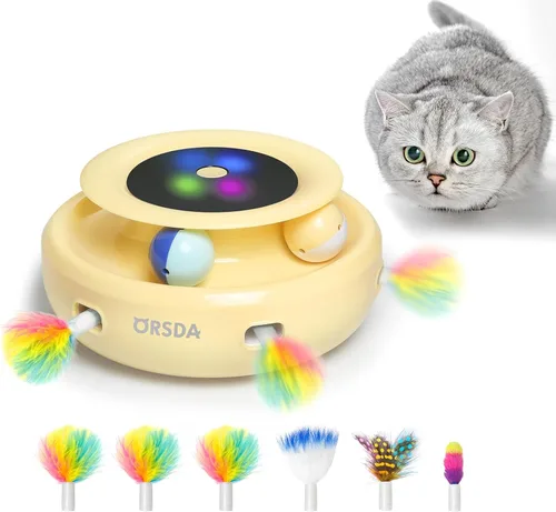 ORSDA Juguetes interactivos 2 en 1 para gatos de interior, bolas de juguete automáticas para gatos, juguetes de plumas emboscadas con 6 plumas,