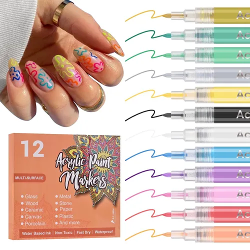 Miniatura 8 de Juego de 12 bolígrafos para arte de uñas, 0.020 in, de secado rápido, marcadores de pintura acrílica, para pintar, dibujar, pintar, puntos de uñas