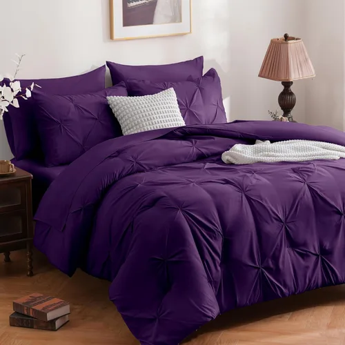 Miniatura 9 de DOWNCOOL Juego de edredón de 7 piezas color púrpura lavanda tamaño completo, cama en una bolsa con pintuck, juego de cama tamaño completo