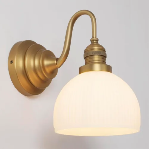 Apliques de Pared Dorados, Luz de Tocador de Baño Cableada con Cuenco Rayado de Vidrio Esmerilado, Lámpara de Pared Montada de Latón Vintage para