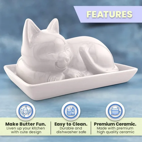 Miniatura 2 de Plato para mantequilla de cerámica adorable con gato - Accesorio de cocina único y versátil - Manera duradera y creativa de almacenar y servir