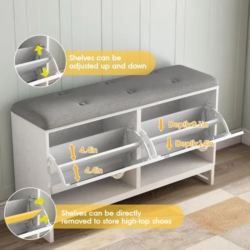 Miniatura 5 de Maupvit Zapatero con 2 cajones abatibles y perchero, banco de almacenamiento de zapatos con cojín de asiento para entrada, 5 ganchos grandes