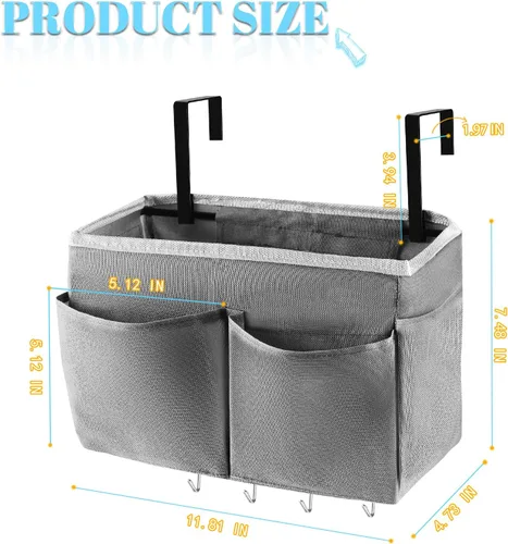Miniatura 2 de Organizador de almacenamiento de mesita de noche, 5 bolsillos con 4 ganchos, bolsa de almacenamiento colgante para cabeceros/literas (gris)