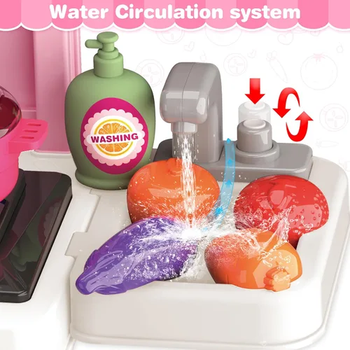 Miniatura 4 de Juego de cocina, juego de cocina para niños con sonido y luz realistas, estufa de cocina, fregadero, comida de juego y accesorios, 57 piezas, Rosa