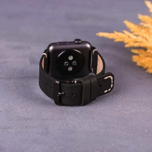 Miniatura 3 de OXA Leather Stitch Detailed Compatible with Apple Watch Band Series 8 7 6 5 4 3 2 1 SE Ultra Polished Stainless-Steel Buckle and Adapters Men