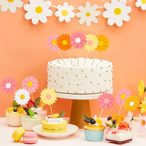 Miniatura 2 de Henoyso 48 decoraciones para cupcakes de margaritas de primavera Groovy Spring Flower Cake Topper de los años 70, hippie, bohemio, joven, salvaje