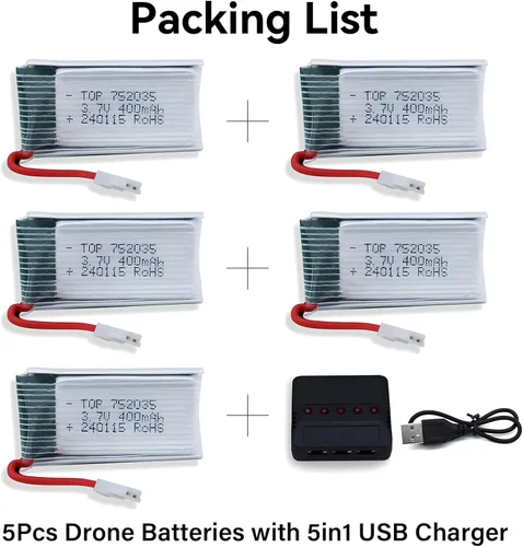 Miniatura 5 de Batería Lipo de 3.7 V 400 Mah - 5 baterías de dron con cargador USB 5 en 1 para Syma Q11 H99W H31 H6C H98 TR-C385 TR-P51 TR-F22 Quadcopter Parts
