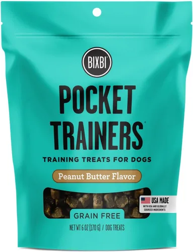 BIXBI Pocket Trainers, mantequilla de maní - Golosinas de entrenamiento para perros - Golosinas bajas en calorías para perros totalmente naturales