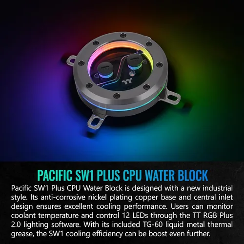Miniatura 2 de Thermaltake Pacific SW1 Plus Bloque de agua para CPU, sensor de temperatura, compatible con LGA 1700 / AM5, 12 LED direccionables, control
