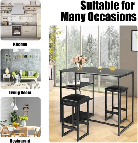 Miniatura 5 de COSTWAY Juego de comedor de 3 piezas, compacto de 2 sillas y juego de mesa, juego de cocina con mármol sintético rectangular, 3 estantes