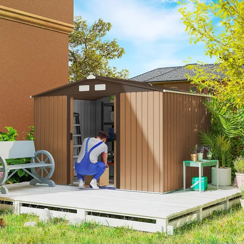 Miniatura 17 de Outsunny Cobertizo de almacenamiento exterior de 11' x 13', cobertizo de metal para herramientas de jardín con kit de cimentación, puerta con doble