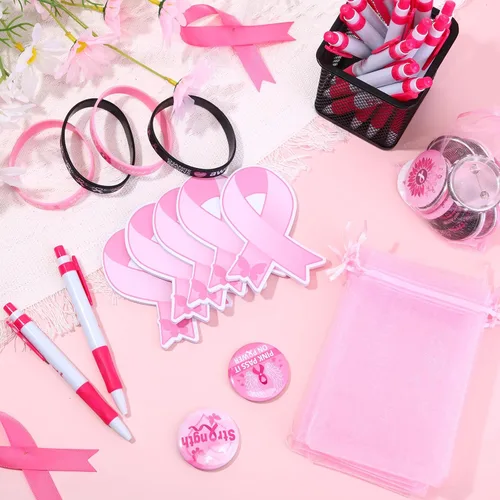 Miniatura 5 de Cholemy El juego de 120 regalos de concientización sobre el cáncer de mama incluye bolígrafos de cinta rosa, insignias de botón, mini bloc de notas