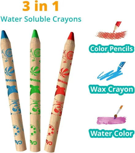 Miniatura 3 de Channie's Crayones solubles en agua 3 en 1 para niños: crayones de cera, lápices de colores y acuarela, con pincel y sacapuntas gratis, pintura