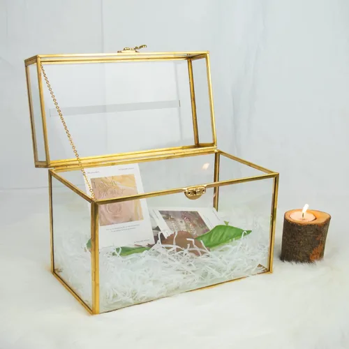 Miniatura 4 de YIMORENCE V Tarjetero de cristal dorado – Caja de sobres de boda con forma rectangular con ranura y pie, perfecto para recepción y centro de mesa