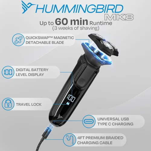 Miniatura 5 de HUMMINGBIRD MK8 - Afeitadora facial giratoria de alta calidad, afeitadora eléctrica recargable en húmedo y seco con recortadora emergente