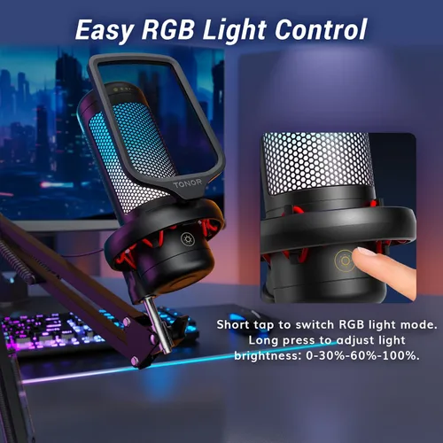 Miniatura 4 de TONOR Juego de micrófonos para juegos con brazo de brazo, micrófono de condensador vocal para PC con soporte, micrófono USB con luz RGB controlable