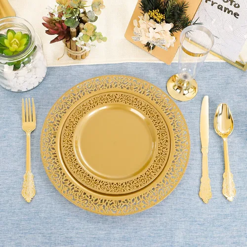 Miniatura 3 de DaYammi 210 platos desechables de oro sólido con cubiertos y tazas, platos de plástico dorado para fiesta incluyen: 30 platos llanos, 30 platos